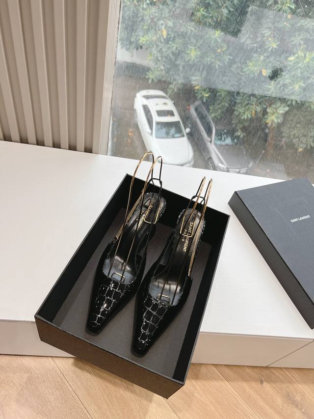 G085 Top Quality Saint Laurent Lee Metal Rhinestone Chain High Heels YSL's beaut