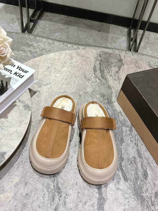 Ugg New Birken Wool Platform Slippers, Chubby Little Dumb Slippers, Suede Upper,