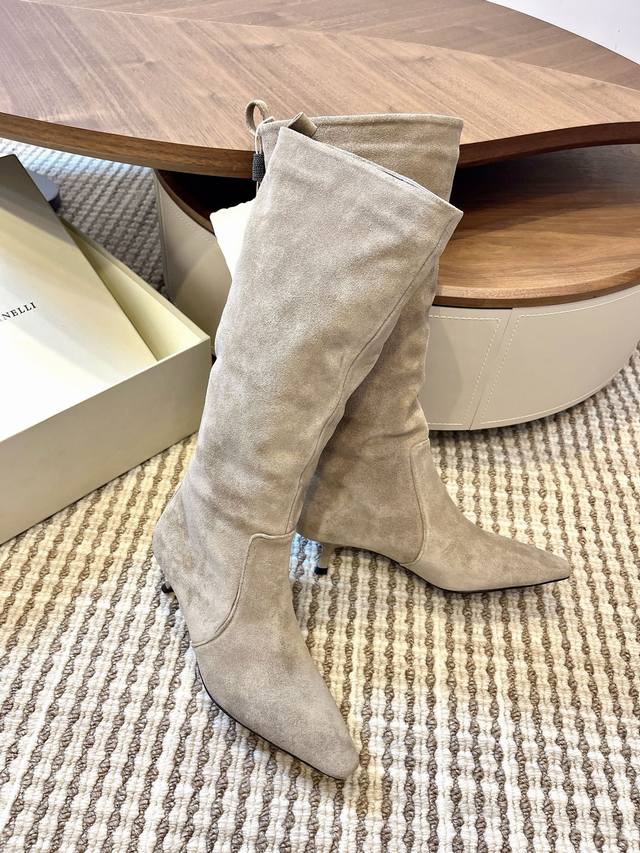 Brunello Cucinell Beaded Retro Pointed Toe High-Heeled Boots Sophisticated and s