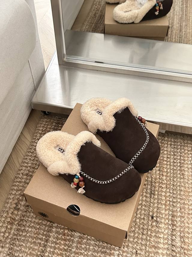 Ugg New Mule Beaded Pendant Slippers, unique slanted design, luxurious curly fur