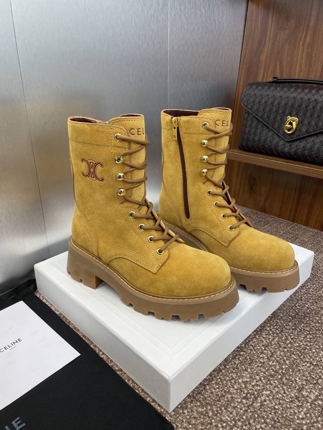 Factory Price P Celine 2025 Autumn/Winter New Lace-up Motorcycle Women's Ankle B