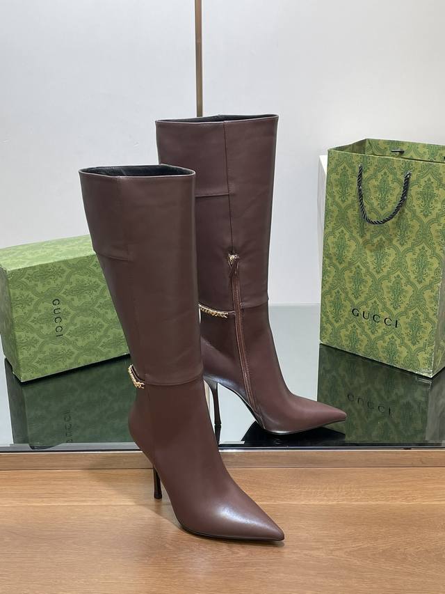 Winter Gucci New Gucci Logo Chain High-Heeled Women's Boots Pointed Toe Knee-Hig