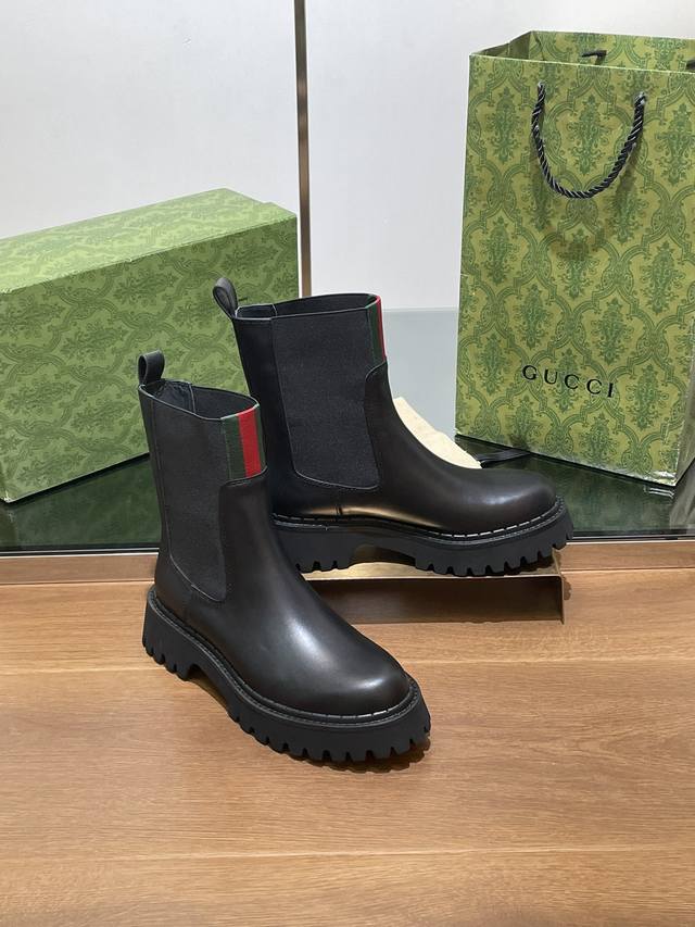Gucci New Autumn/Winter Latest Red and Green Webbing Elastic Short Boots Grooved