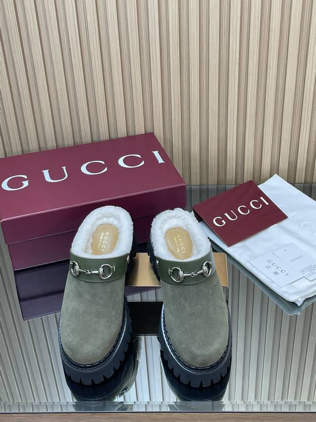 2025 Early Autumn Gucci Women's Horsebit Merino Wool Mule Slippers, New Grooved