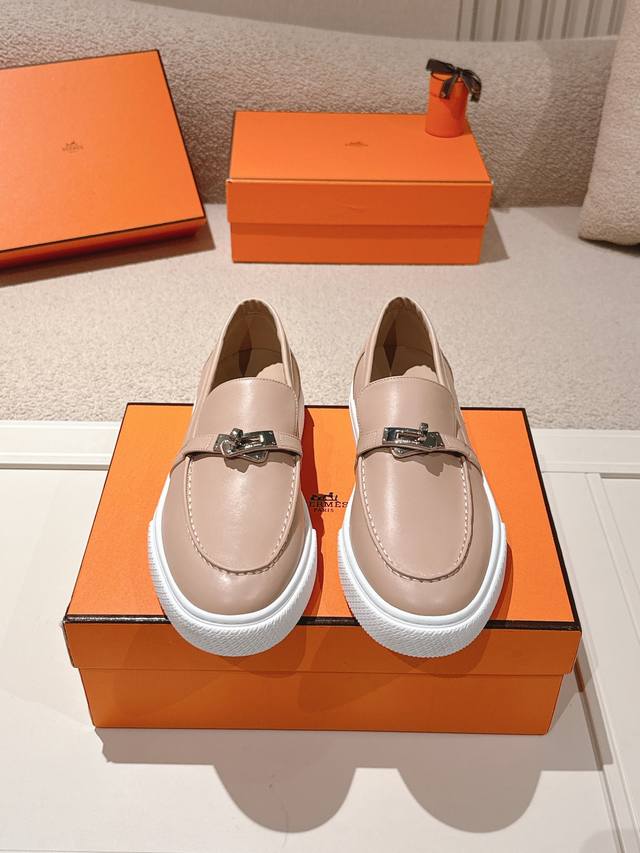 Hermes# New Kelly Buckle Platform Loafers Upper: Cowhide/Suede Lining: Sheepskin
