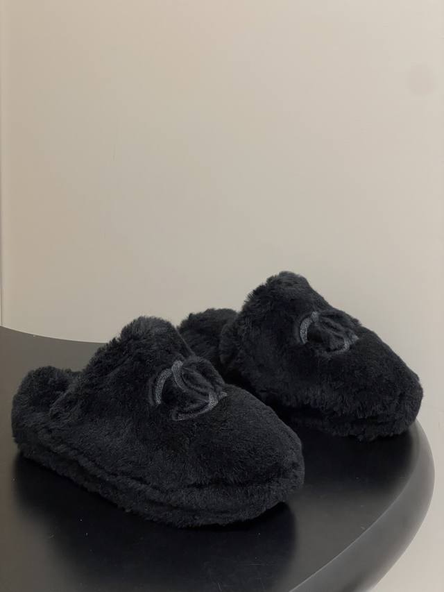 Shoes 25Ss Autumn/Winter New Chanel Double C Wool Slippers Thick-Soled Fur Mules