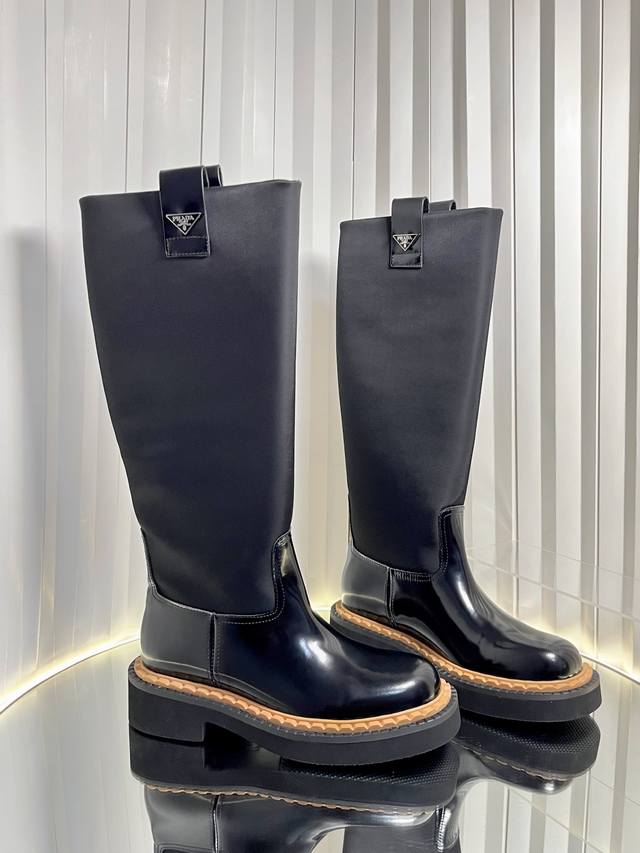 Prada Triangle Logo Double-Striped Serrated Platform Lace-up Ankle Boots with Si