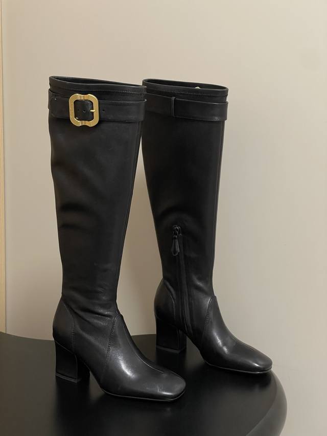 25Aw Autumn/Winter New Miu Miu Buckle Stretch Long Boots Chunky Heel High Heel B