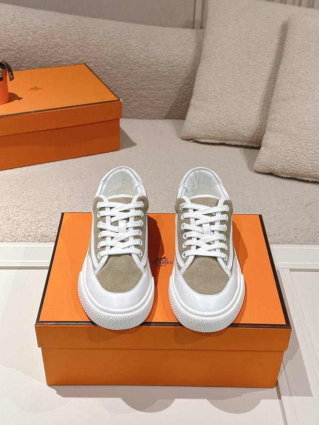 Hermes Top-Tier Version# Hermes Deep Series Couple White Sneakers Casual Skate S