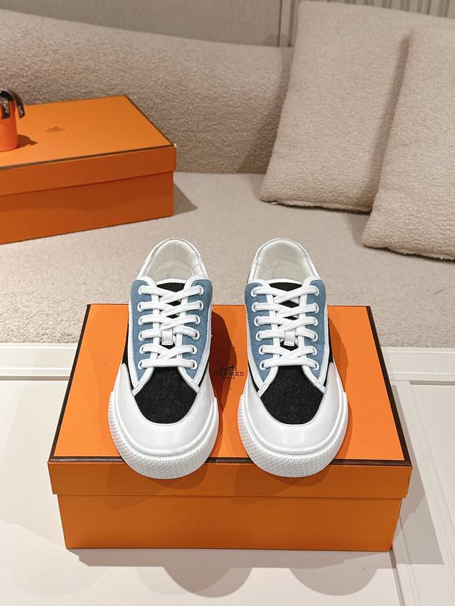 Hermes Top-Tier Version# Hermes Deep Series Couple White Sneakers Casual Skate S