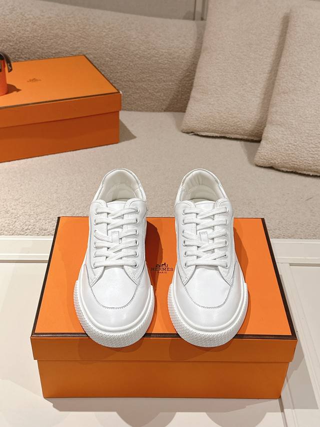 Hermes Top-Tier Version# Hermes Deep Series Couple White Sneakers Casual Skate S