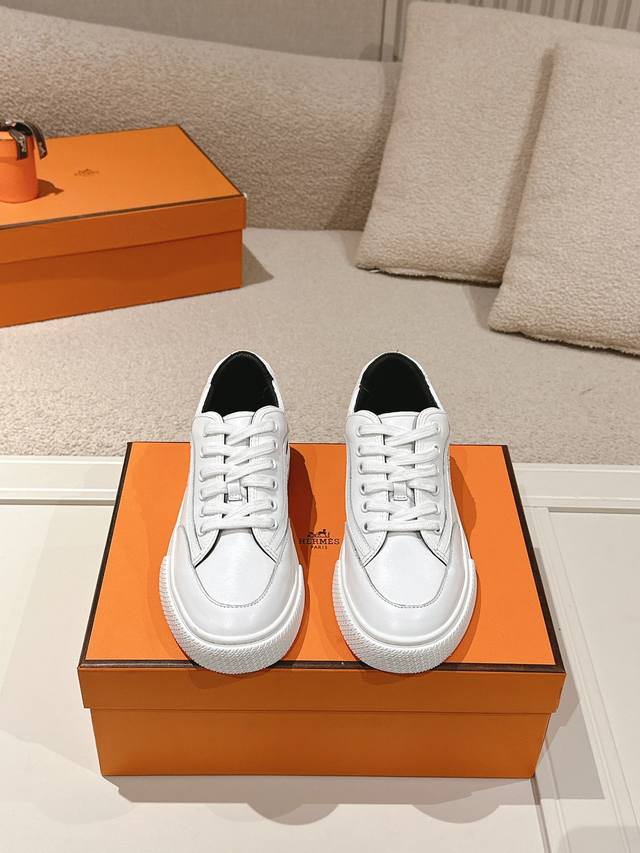 Hermes Top-Tier Version# Hermes Deep Series Couple White Sneakers, Casual Skate