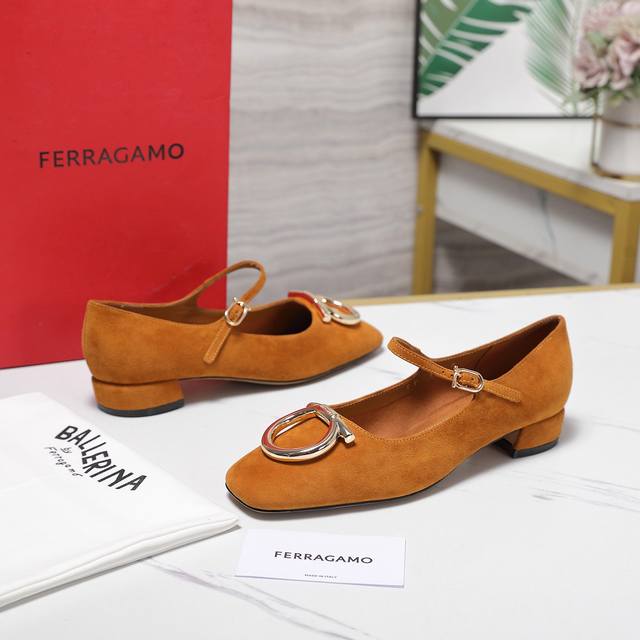 Factory Price Ferragamo Big Metal Buckle Square Toe Chunky Heel Mary Jane Shoes.