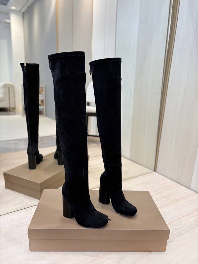Factory Price: Exclusive Round Toe Logo Chunky Heel Stretch Knee-High Boots by B Factory Price: Exclusive Round Toe Logo Chunky Heel Stretch Knee-High Boots by B