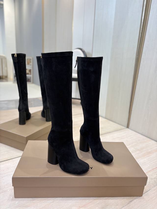 Factory Price: Exclusive Round Toe Logo Chunky Heel Stretch Knee-High Boots by B Factory Price: Exclusive Round Toe Logo Chunky Heel Stretch Knee-High Boots by B