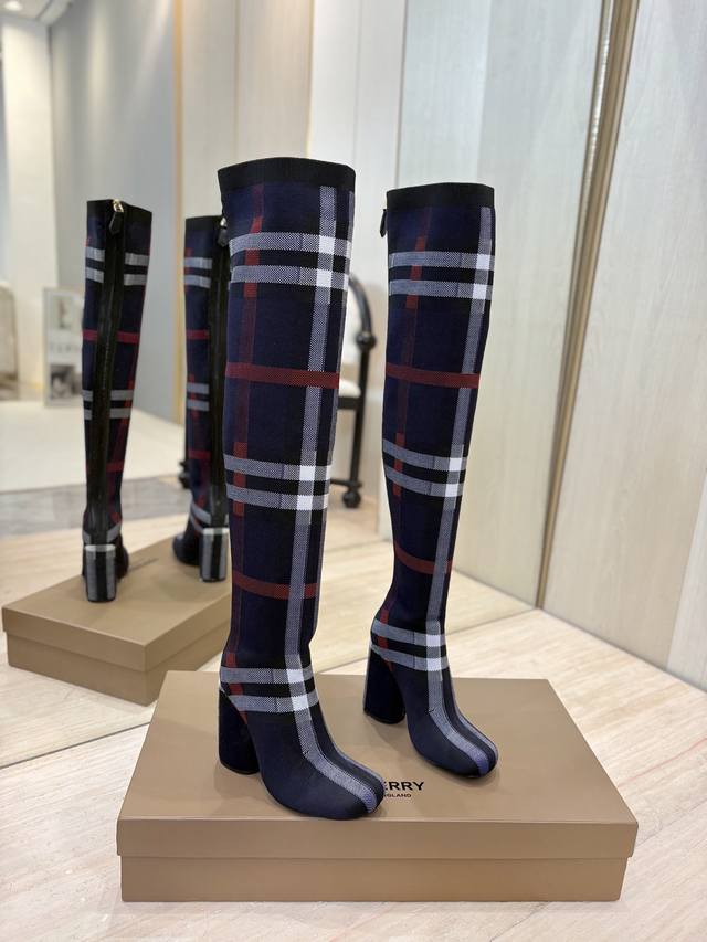 Factory Price P Exclusive Launch of Round Toe Chunky Heel Check Stretch Knit Soc Factory Price P Exclusive Launch of Round Toe Chunky Heel Check Stretch Knit Soc