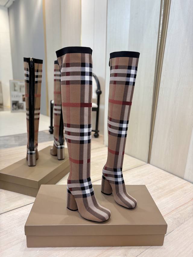 Factory Price P Exclusive Launch of Round Toe Chunky Heel Check Stretch Knit Soc Factory Price P Exclusive Launch of Round Toe Chunky Heel Check Stretch Knit Soc