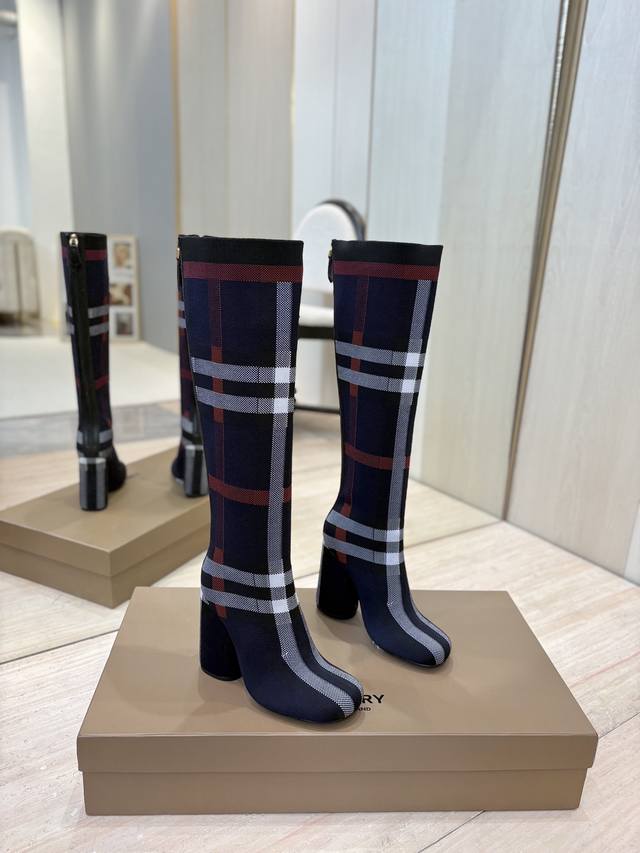 Factory Price P Exclusive Launch of Round Toe Chunky Heel Check Stretch Knit Soc Factory Price P Exclusive Launch of Round Toe Chunky Heel Check Stretch Knit Soc