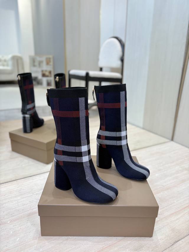 Factory Price P Exclusive Launch of Round Toe Chunky Heel Check Stretch Knit Soc Factory Price P Exclusive Launch of Round Toe Chunky Heel Check Stretch Knit Soc