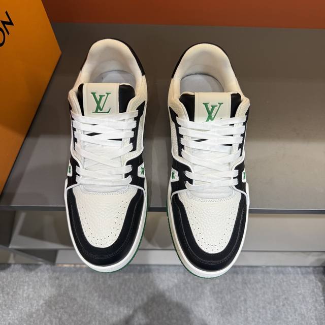 Sizes 38-45. This new colorway of the Louis Vuitton Trainer sneaker is crafted f