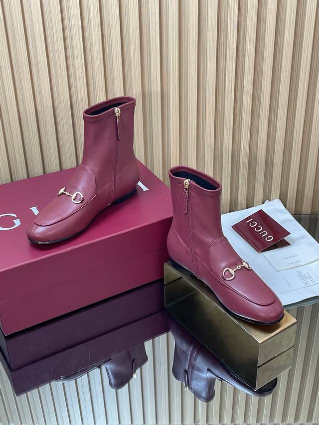 Guccl High-End Boutique, 2025 Autumn/Winter New Horsebit Elastic Mid-Calf Boots,