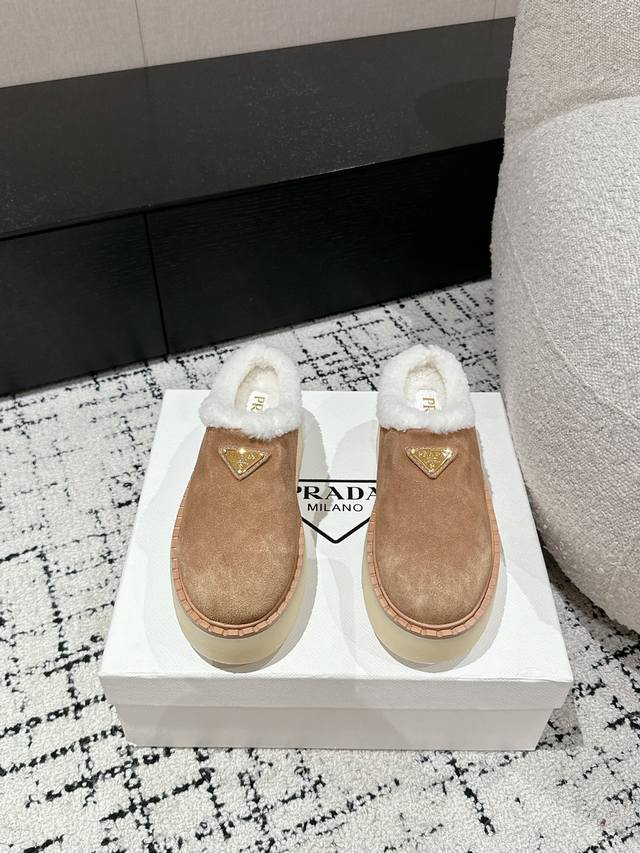 High-quality Prada 24 platform casual wool slippers (retailer quality). These sn