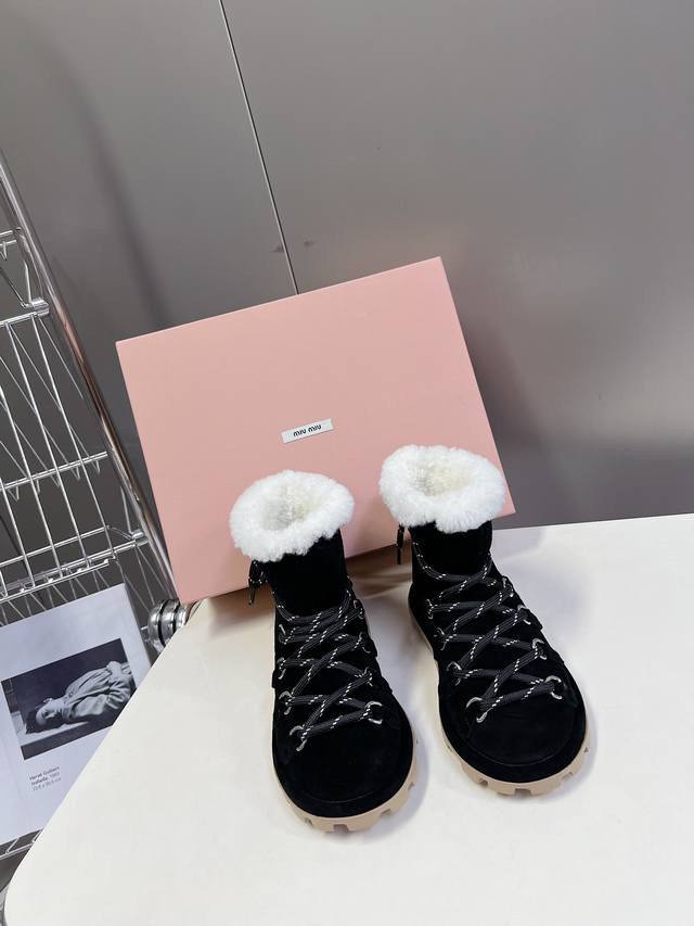 Miumiu Fall/Winter Latest Runway Style Lace-up Wool Ankle Boots, Snow Boots, Fur