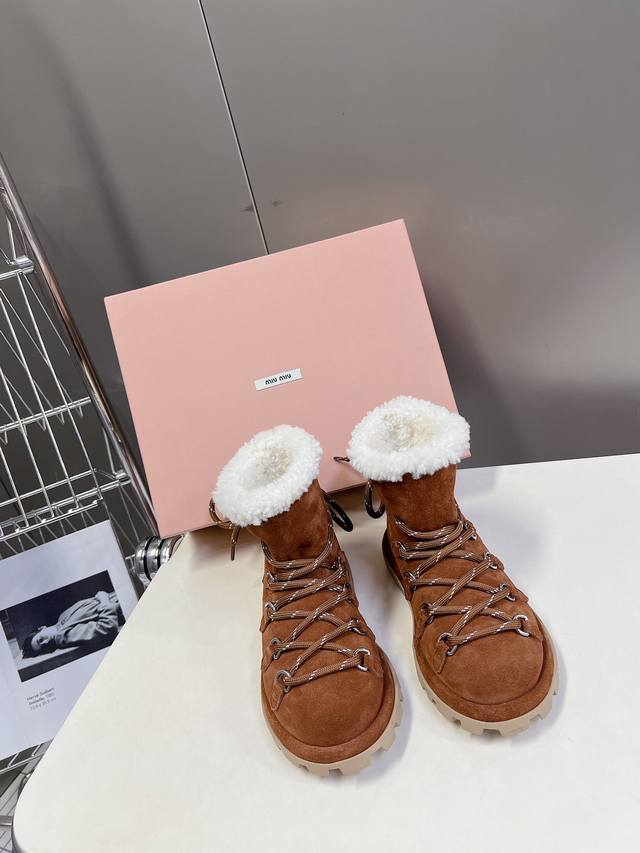 Miumiu Fall/Winter Latest Runway Style Lace-up Wool Ankle Boots, Snow Boots, Fur
