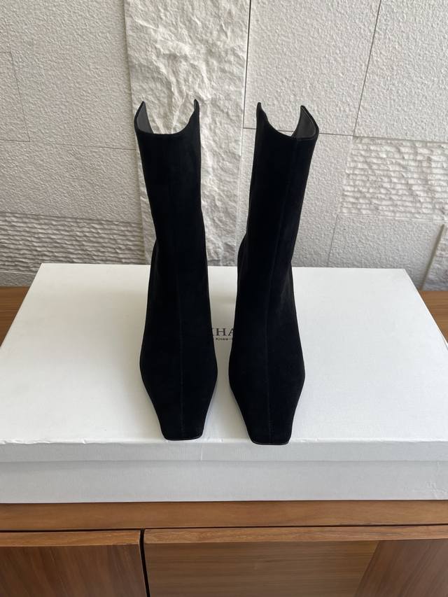 Top Version: Khaite 2025 Autumn/Winter New Square Toe High-Heeled Ona Ankle Boot