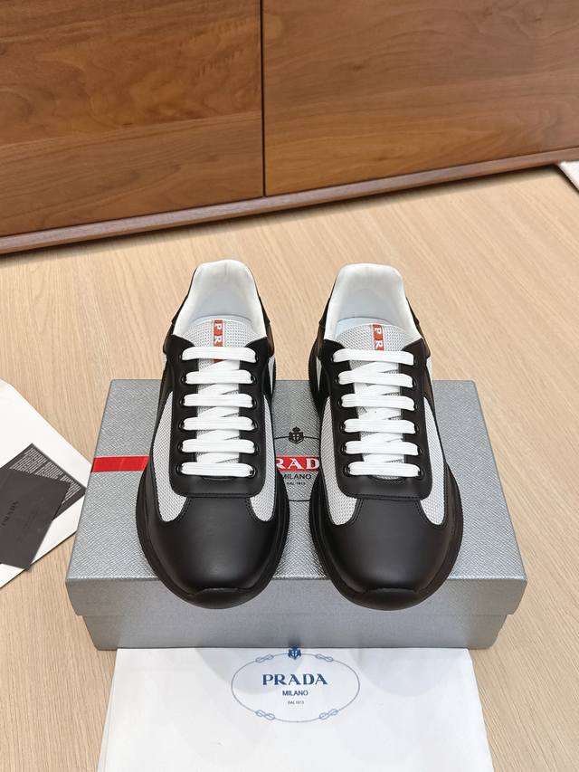 High-quality Prada America's Cup series patent leather mesh casual sneakers. Ori