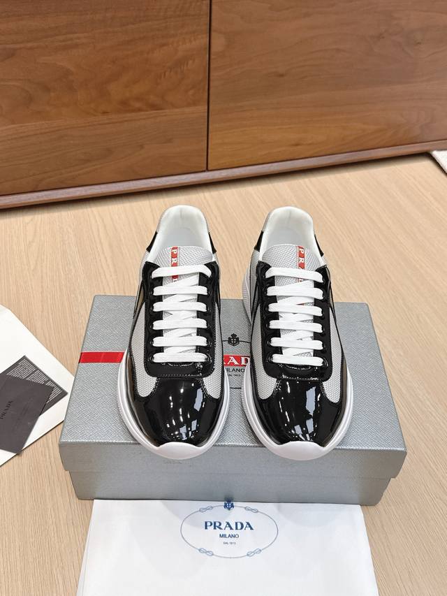 High-quality Prada America's Cup series patent leather mesh casual sneakers. Ori