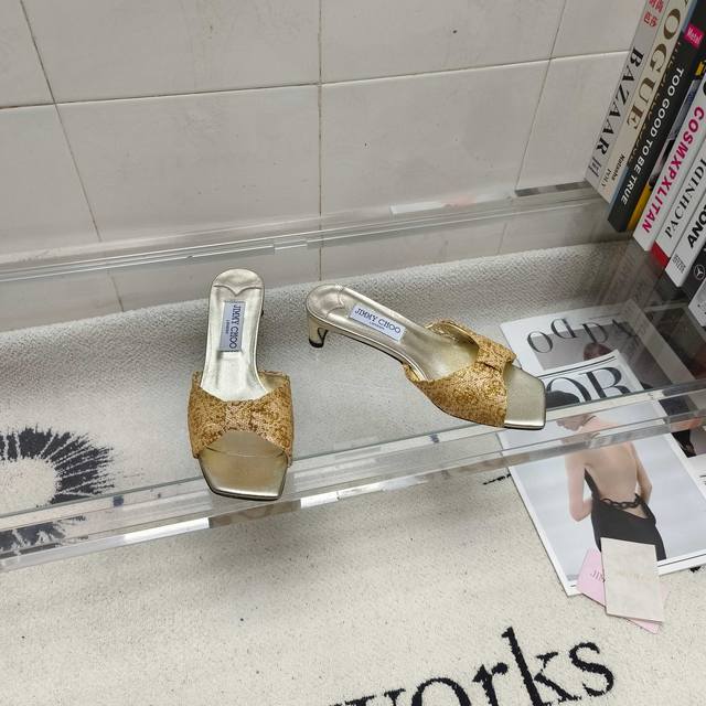 Jimmy Choo Annika Metallic Raffia Print Sandals - New style. The sculpted, wide-