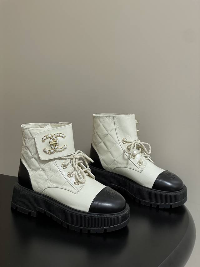 Chanel Classic Velcro Quilted Chain Double C Buckle Motorcycle-Style Ankle Boots