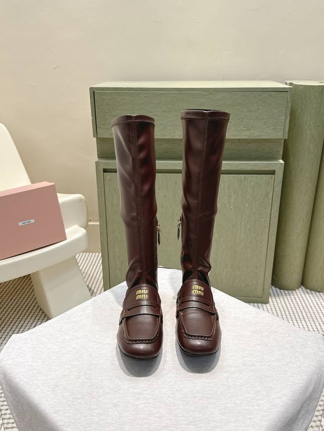 High-quality Miu Miu 25S new high-top loafer patchwork elastic leather boots. Su