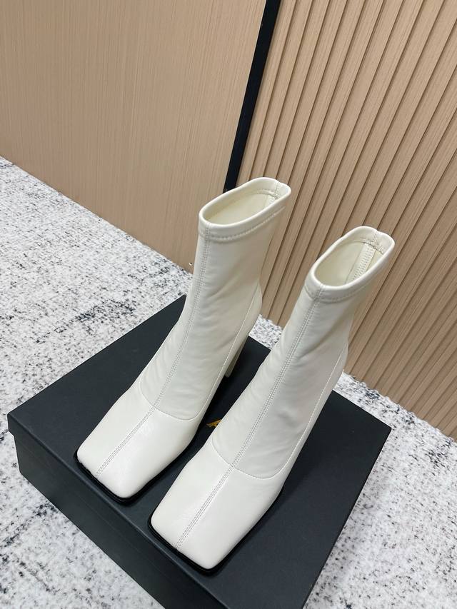 Top Version: Alaia Minimalist Chic Square-Toe Ankle Boots with High Heels, Slip-