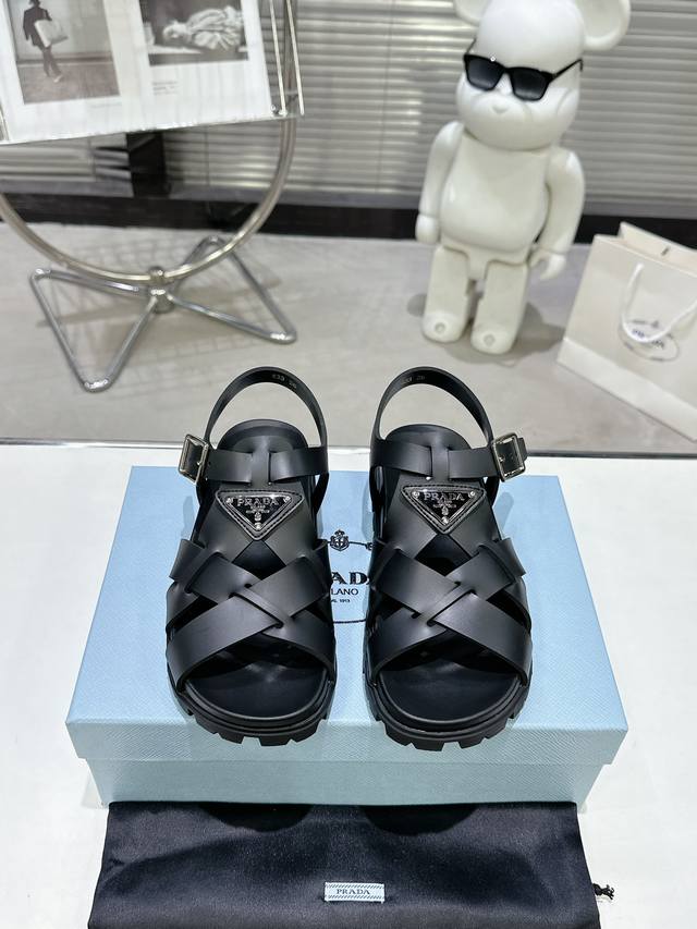 Flat Prada Spring/Summer Beach Sandals - Classic Triangle Buckle Cross-Weave San