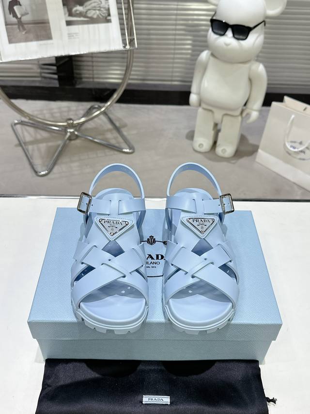 Flat Prada Spring/Summer Beach Sandals - Classic Triangle Buckle Cross-Weave San