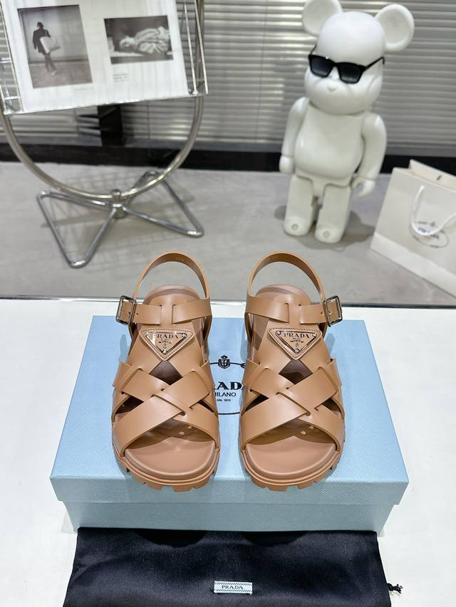Flat Prada Spring/Summer Beach Sandals - Classic Triangle Buckle Cross-Weave San