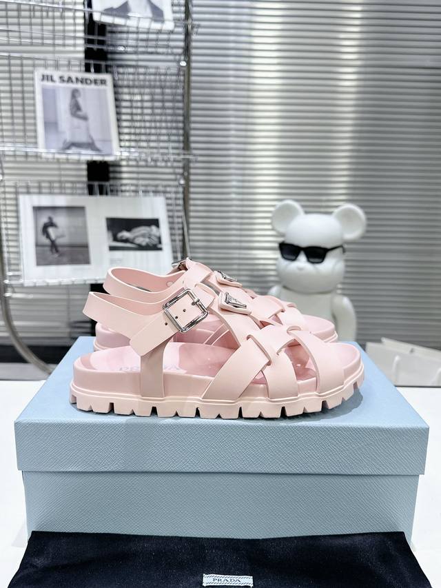 Flat Prada Spring/Summer Beach Sandals - Classic Triangle Buckle Cross-Weave San