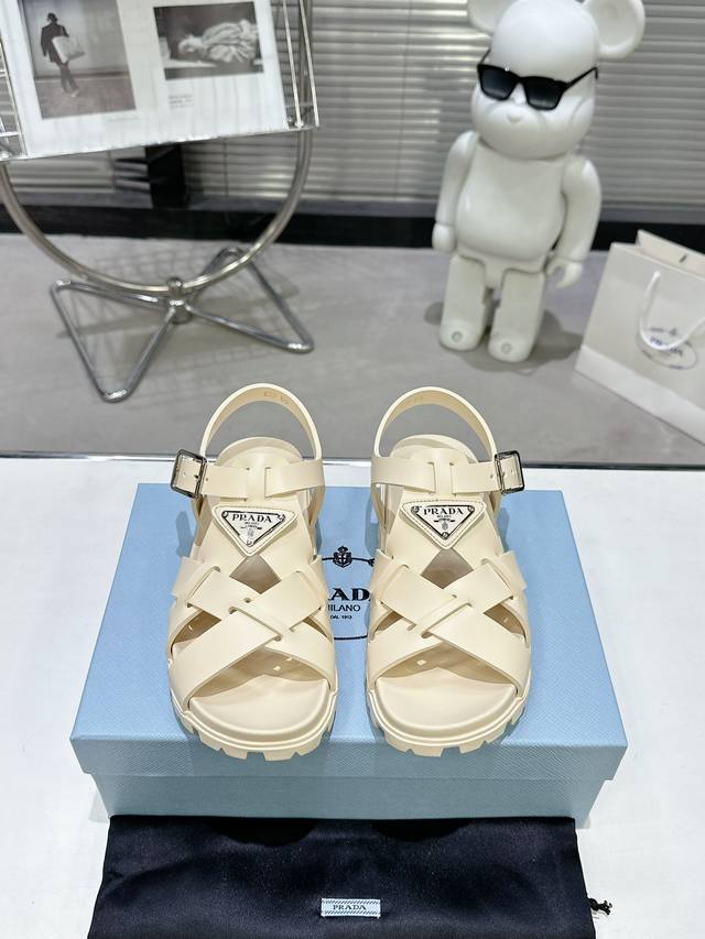 Flat Prada Spring/Summer Beach Sandals - Classic Triangle Buckle Cross-Weave San