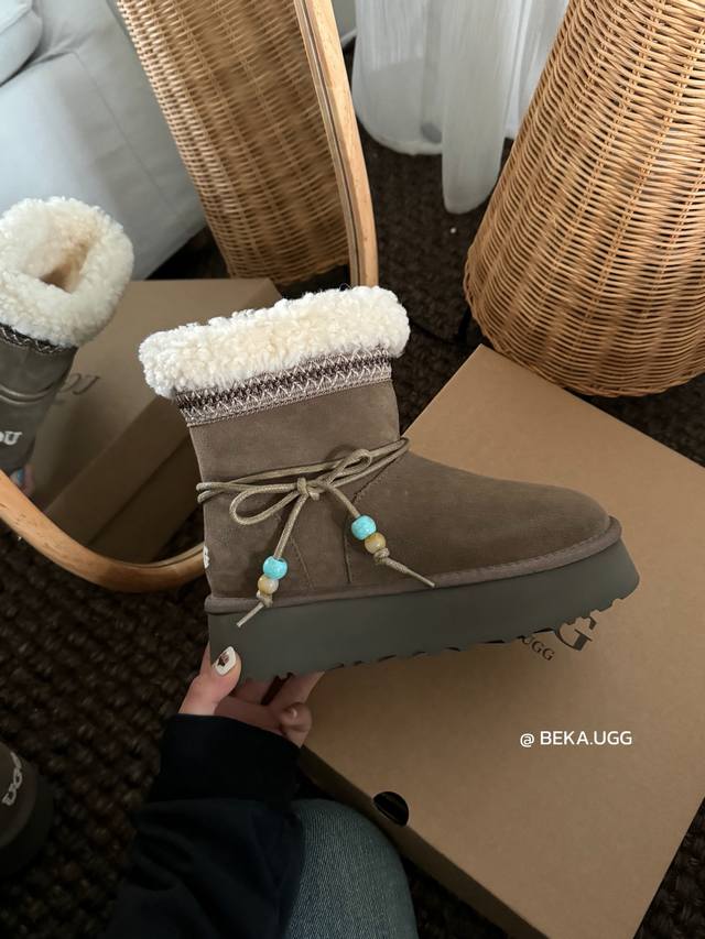 Super cute Christmas snow boots Ethnic style beaded two-way platform sole, an in