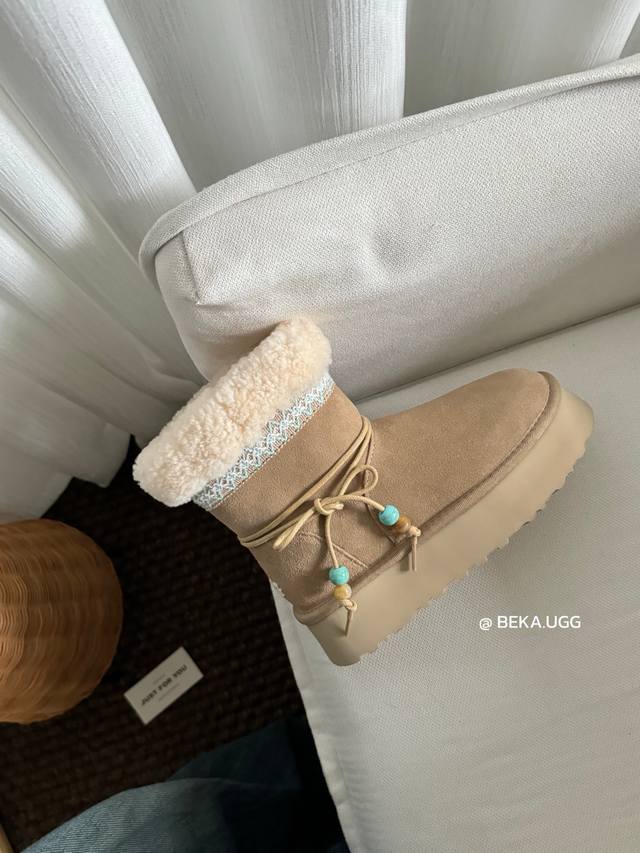 Super cute Christmas snow boots Ethnic style beaded two-way platform sole, an in