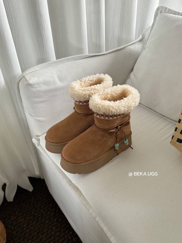 Super cute Christmas snow boots Ethnic style beaded two-way platform sole, an in