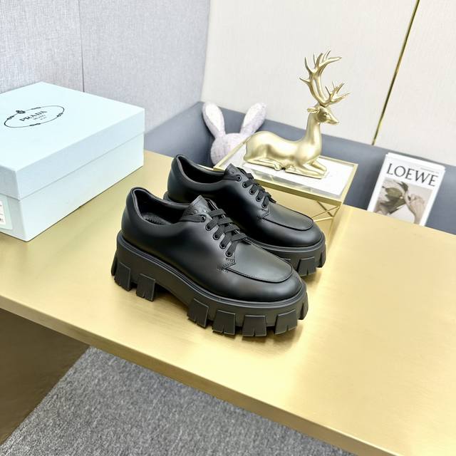 Top-tier version, Prada patent leather lace-up platform loafers. Upper: Enameled