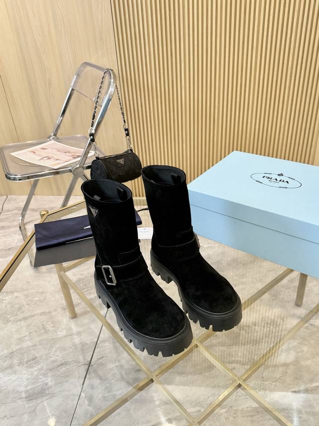 Leather Suede Prada* 25Ss Classic Triangle Logo Slip-on Women's Boots A must-hav