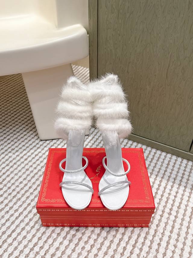 High-quality Rene Caovilla classic snake-strap rabbit fur high-heeled sandals. T