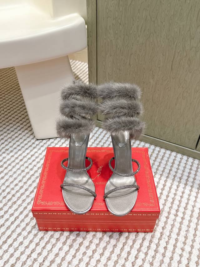 High-quality Rene Caovilla classic snake-strap rabbit fur high-heeled sandals. T