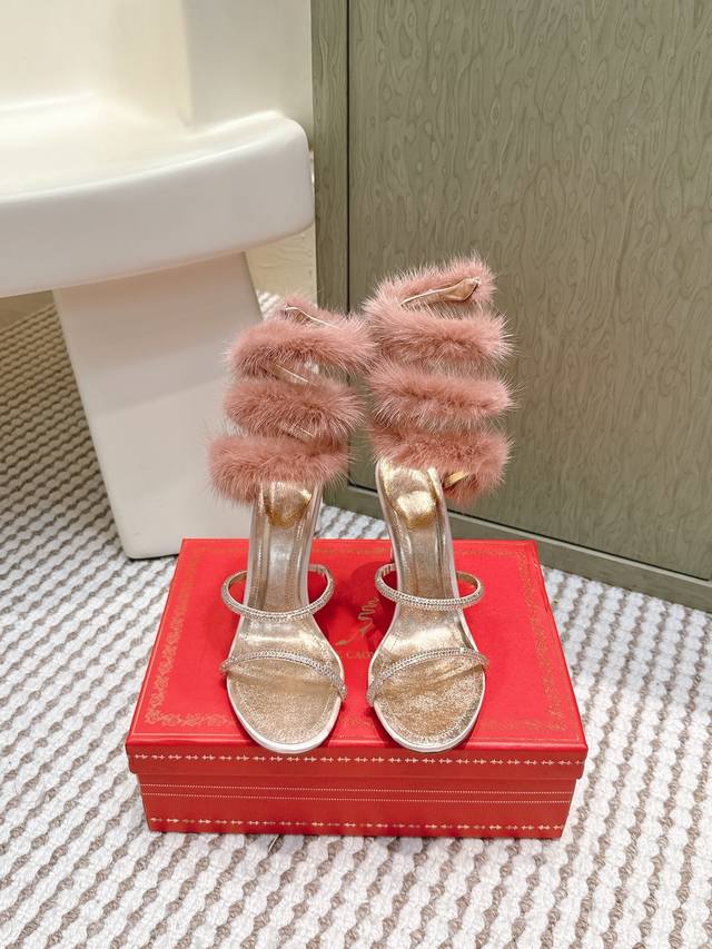 High-quality Rene Caovilla classic snake-strap rabbit fur high-heeled sandals. T