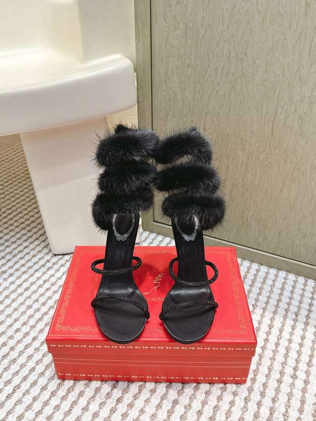High-quality Rene Caovilla classic snake-strap rabbit fur high-heeled sandals. T