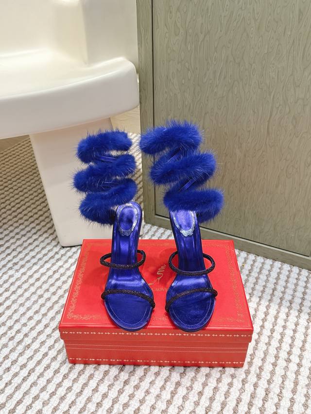 High-quality Rene Caovilla classic snake-strap rabbit fur high-heeled sandals. T